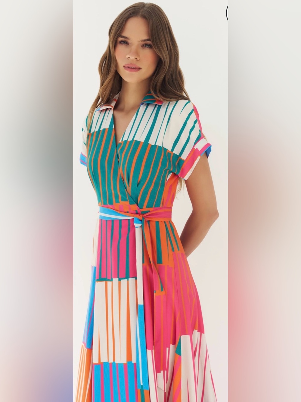 Hutch Johnnie Multicolor Striped Wrap Maxi Dress in Blue, Pink, Orange NWT Sz L - Picture 4 of 7